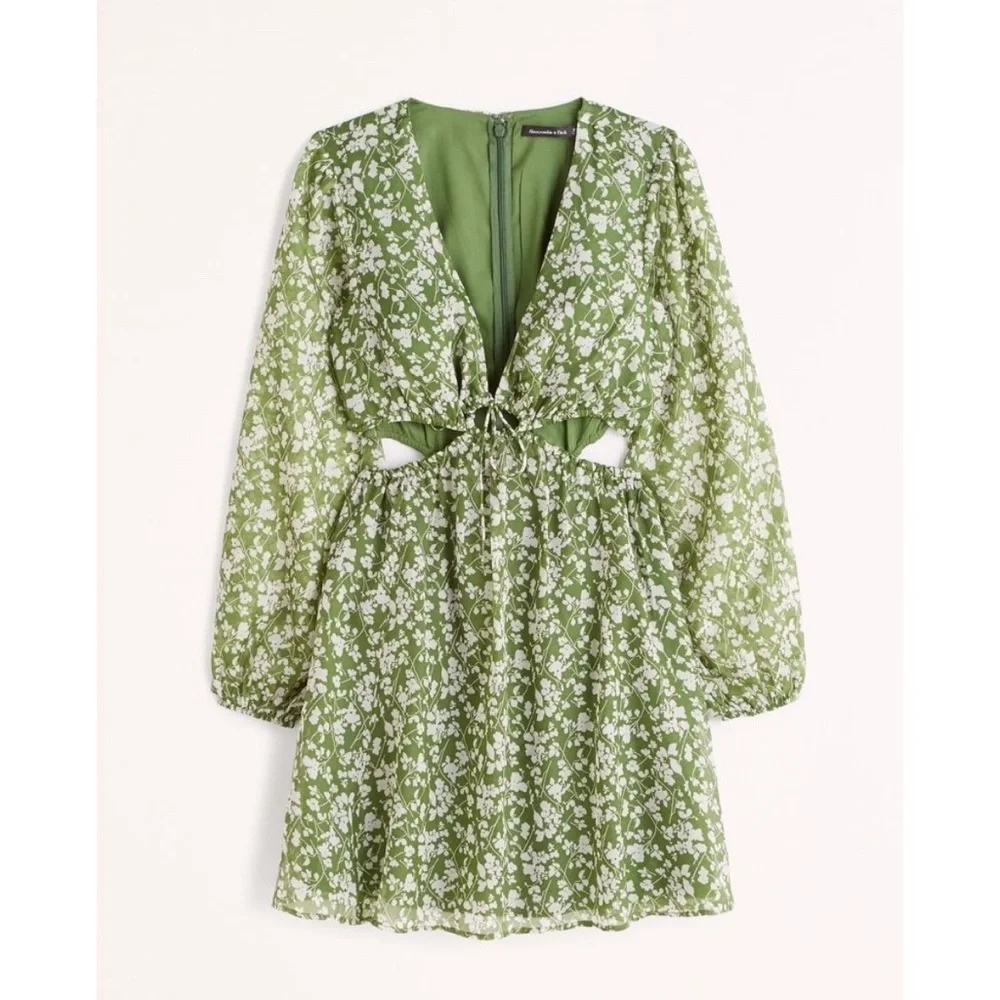NWT Abercrombie & Fitch Long-sleeve sheer Green Floral Cutout Dress - Small - Picture 2 of 10